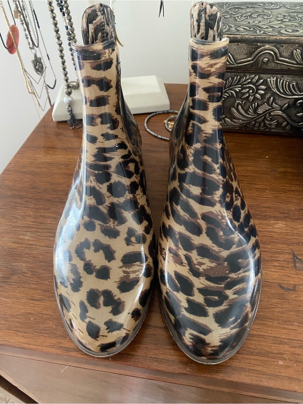 J. Crew Leopard Print Chelsea Rain Booties in Brown and Black